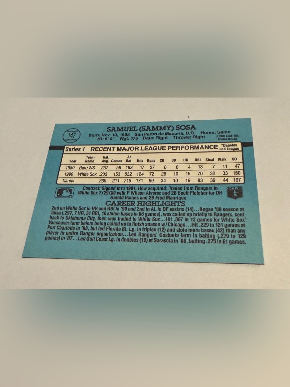 Sammy Sosa 1990 Double Error Donruss Baseball Card Vintage - Picture 4 of 6